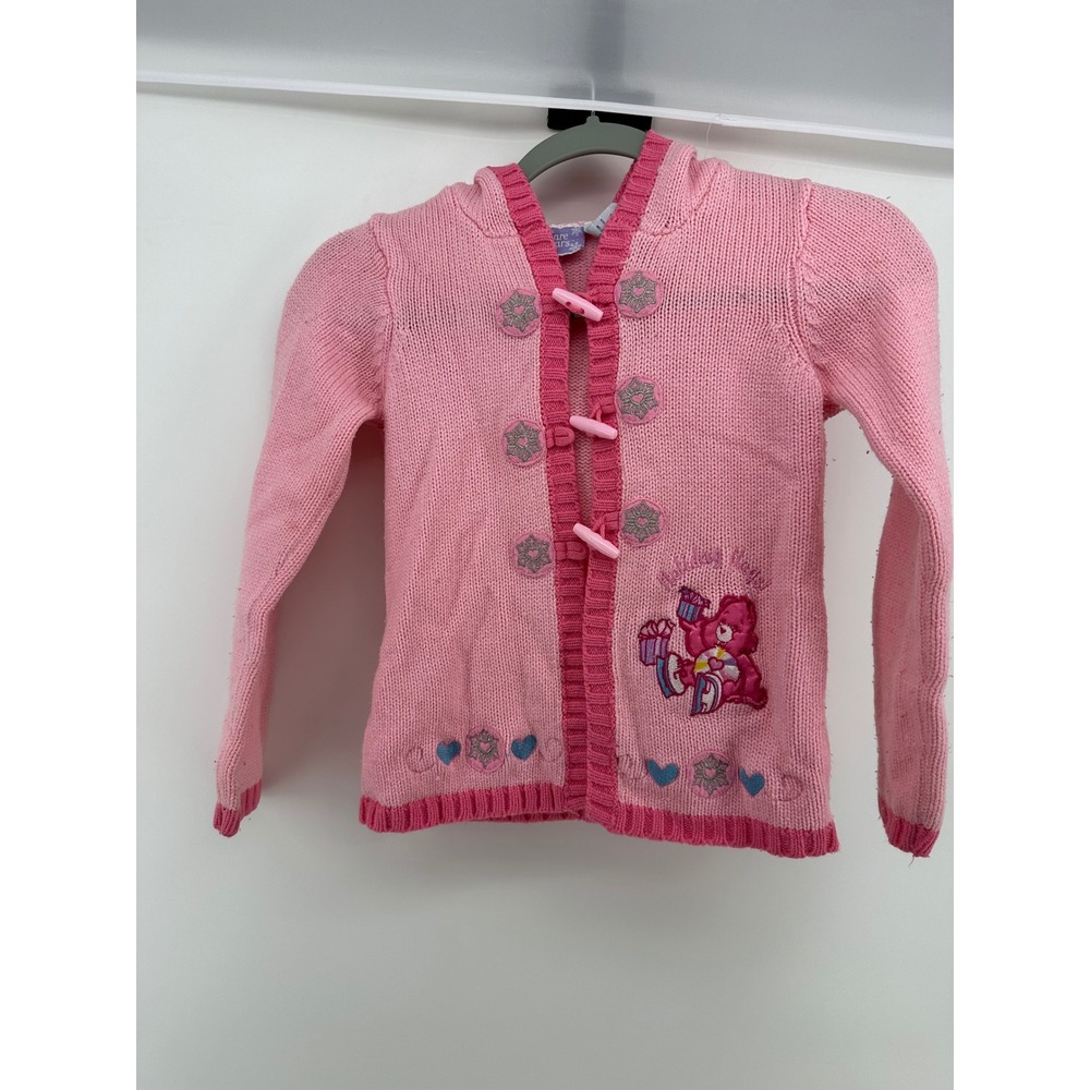 Care Bears Girls Shy Pink Holiday Hugs Hooded Cardigan Sweater Size 7/8 Y2K